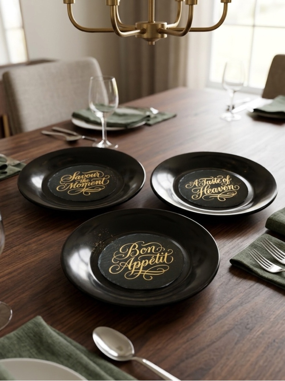 NORE’S NOVELTIES Handcrafted Decorative Saucers- Set of 3 Black & Gold 6.25”